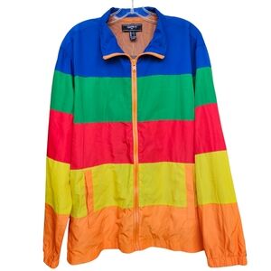 Forever 21 Mens Windbreaker Jacket Large Rainbow Pride Zip Striped Colorblock